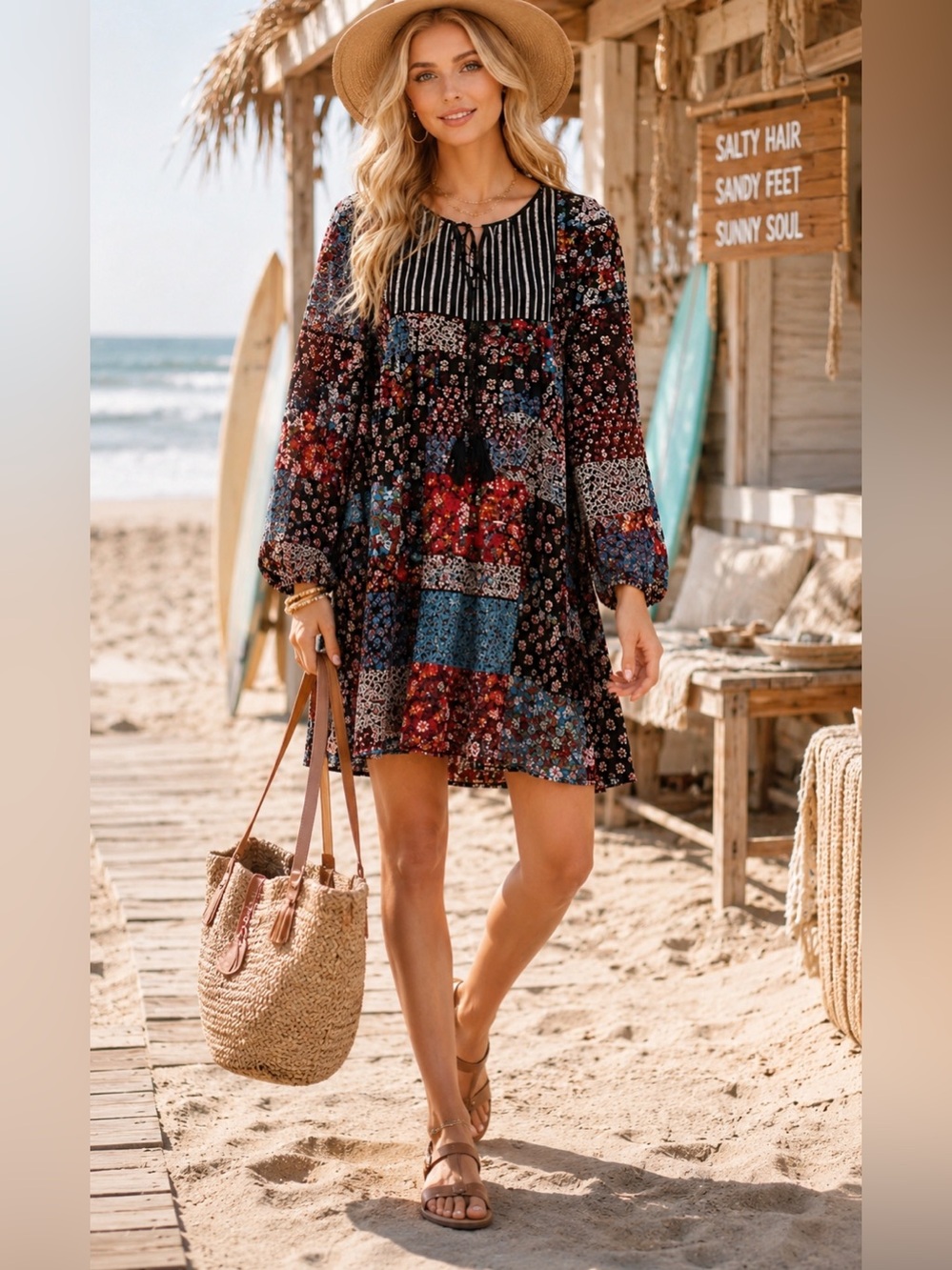 Andree by Blue Boho Patchwork Floral Long Sleeve Dress Size medium